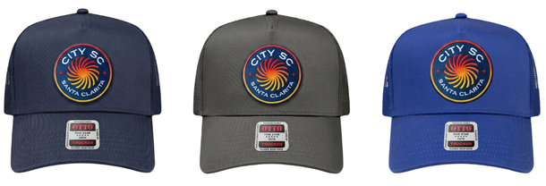 5-panel trucker hat in navy, charcoal and royal blue