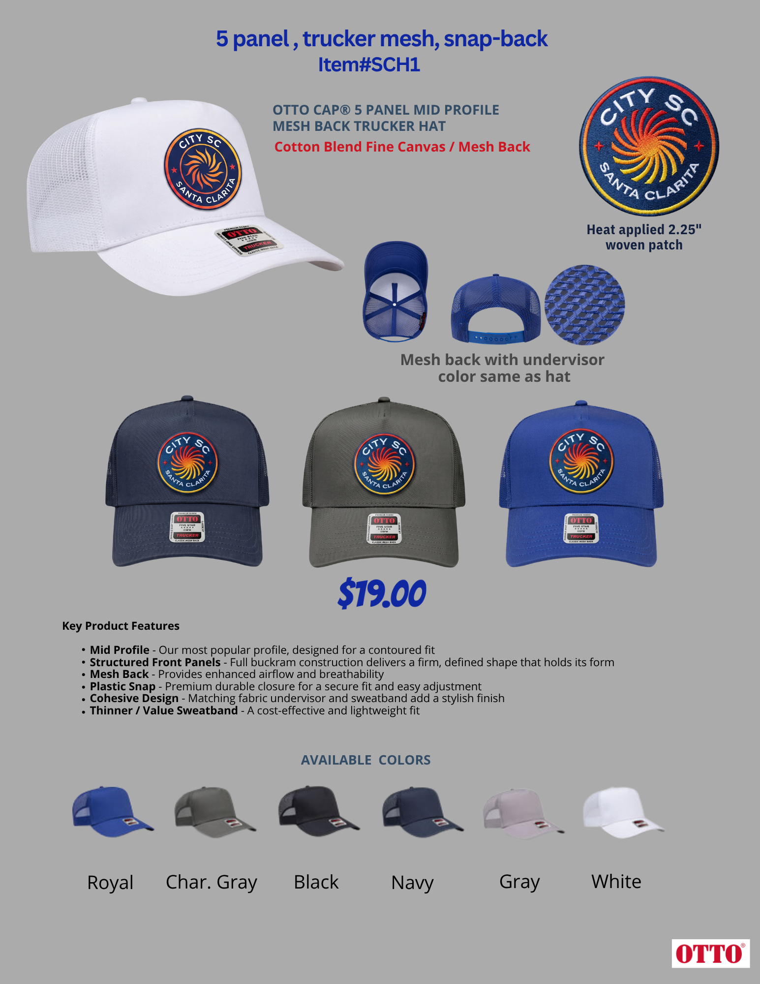 5-panel trucker hat detail — mesh back and all colors