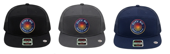 7-panel snapback in black, charcoal and navy
