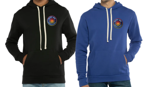 Adult pullover hoodie in black and royal blue